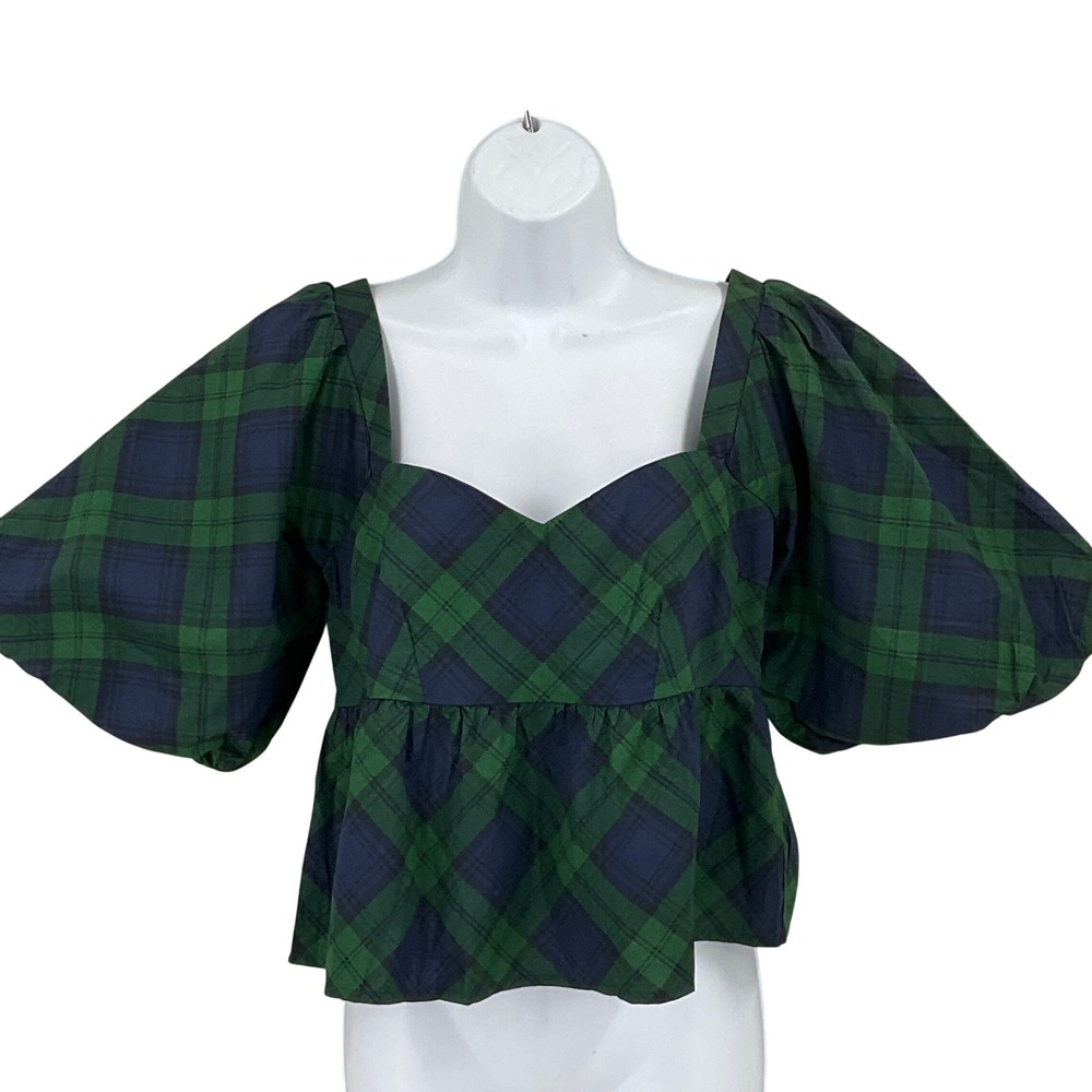 Old Navy Puff Sleeve Top Womens S Green Plaid Peplum Smocked Sweetheart NEW